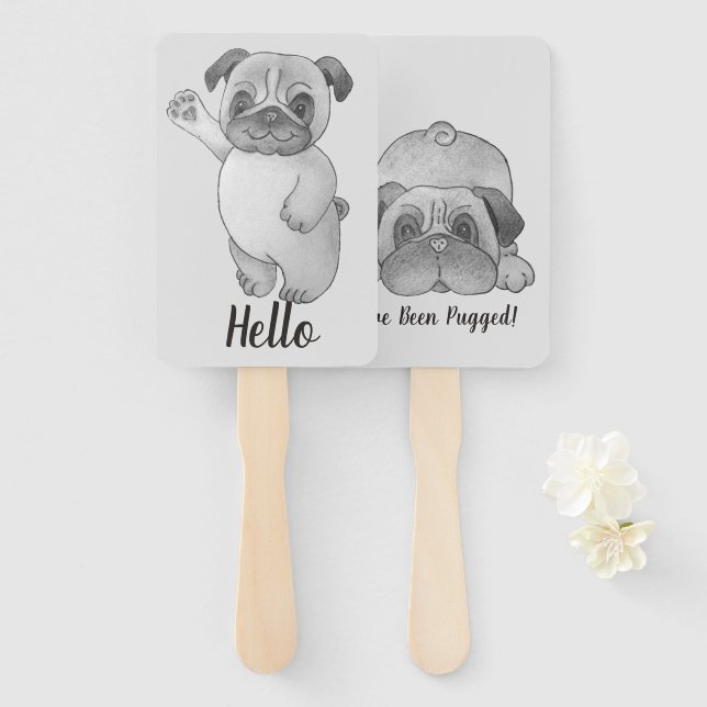 funny cute pug waving picture with fun slogan hand fan (Front and Back)