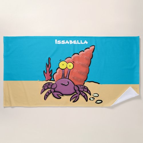 Funny cute purple cartoon hermit crab beach towel