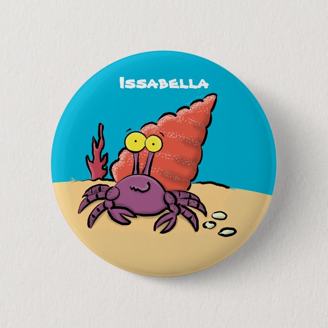 Funny cute purple cartoon hermit crab button (Front)
