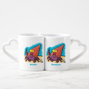 Funny cute purple cartoon hermit crab coffee mug set
