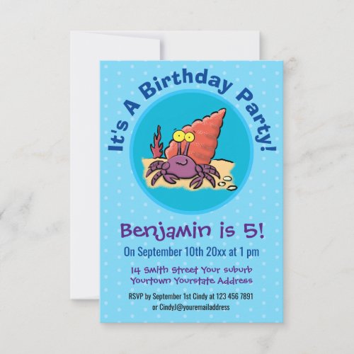 Funny cute purple cartoon hermit crab invitation