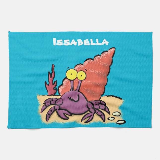 Funny cute purple cartoon hermit crab kitchen towel (Horizontal)