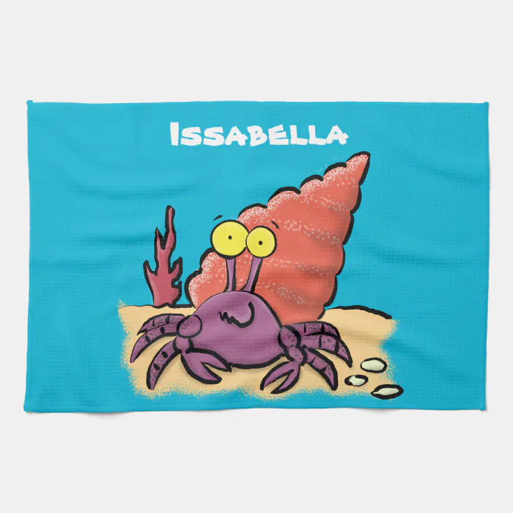 Funny cute purple cartoon hermit crab kitchen towel | Zazzle