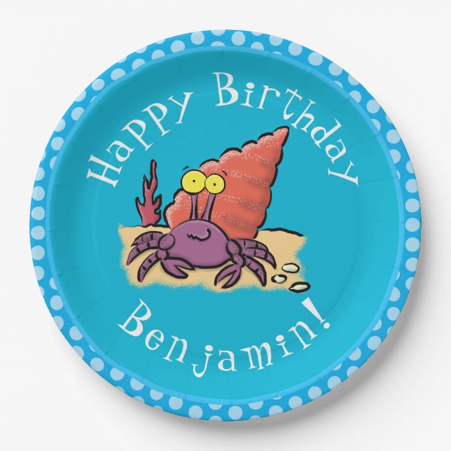 Funny cute purple cartoon hermit crab paper plates (Front)