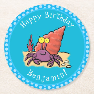 Funny cute purple cartoon hermit crab round paper coaster