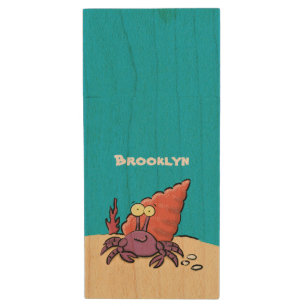 Funny cute purple cartoon hermit crab wood flash drive