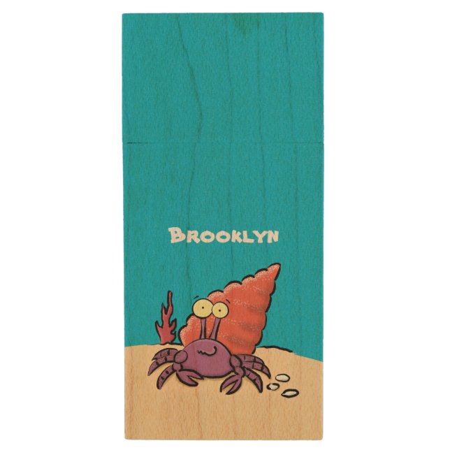 Funny cute purple cartoon hermit crab wood flash drive (Front Vertical)