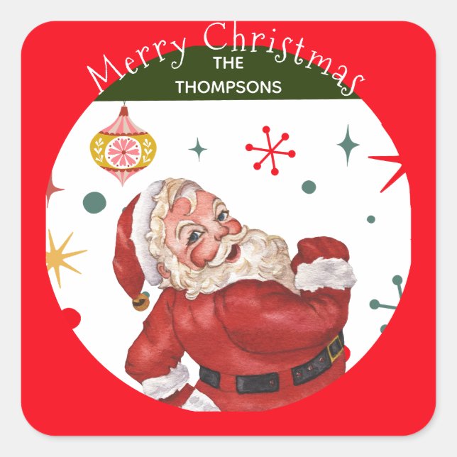 Funny Cute Red and Green Monogram Christmas Santa Square Sticker (Front)