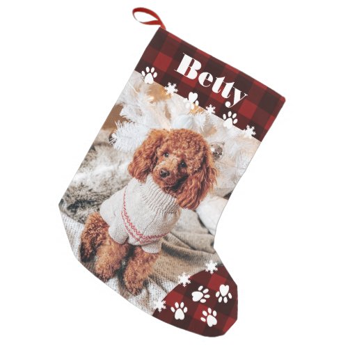 Funny cute red black dog pet photo Christmas plaid Small Christmas Stocking