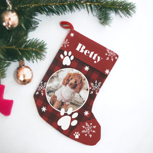 Funny cute red black plaid dog pet photo Christmas Small Christmas Stocking