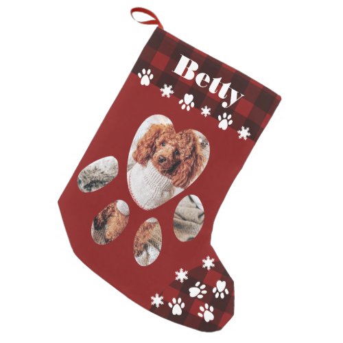 Funny cute red dog paw pet photo Christmas plaid Small Christmas Stocking