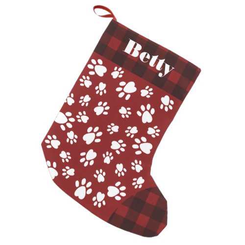 Funny cute red dog paws print pet Christmas plaid Small Christmas Stocking