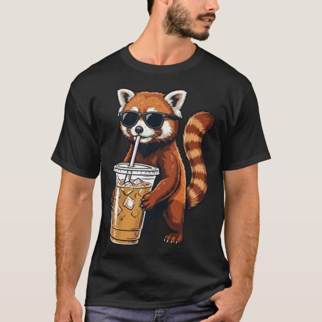 Funny Cute Red Panda Drinking Iced Coffee T-Shirt (Front)