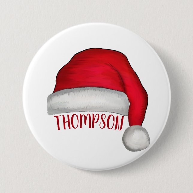 Funny Cute Red Santa Hat Christmas Custom Name Button (Front)
