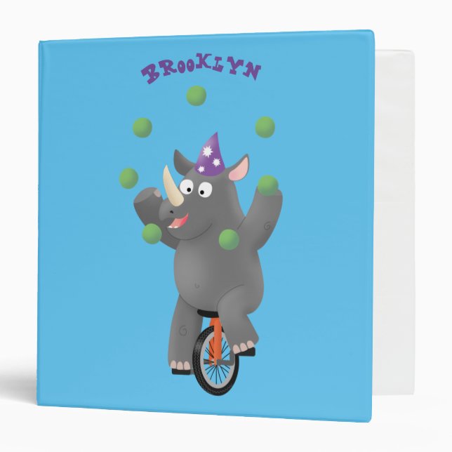 Funny cute rhino juggling on unicycle 3 ring binder (Front/Inside)