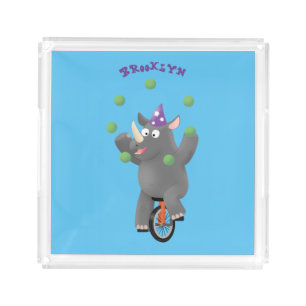 Funny cute rhino juggling on unicycle acrylic tray