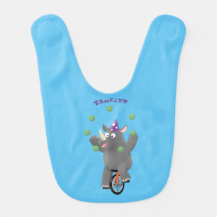 Funny cute rhino juggling on unicycle baby bib