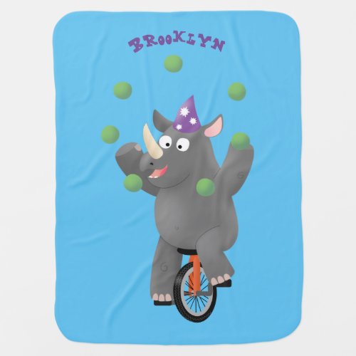 Funny cute rhino juggling on unicycle baby blanket