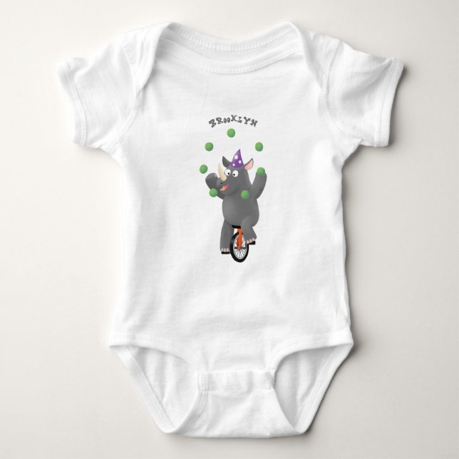 Funny cute rhino juggling on unicycle baby bodysuit (Front)