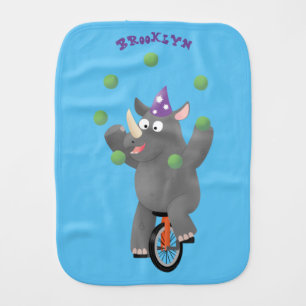 Funny cute rhino juggling on unicycle baby burp cloth