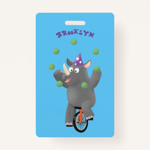 Funny cute rhino juggling on unicycle badge