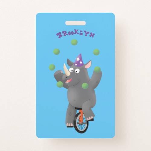 Funny cute rhino juggling on unicycle badge