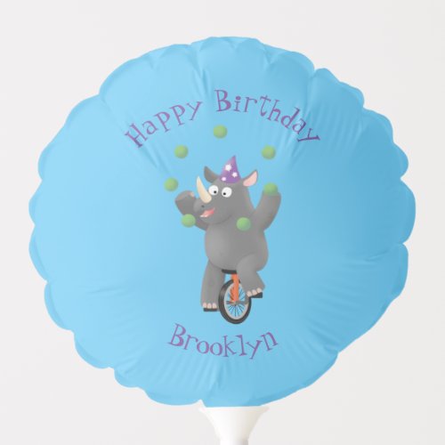 Funny cute rhino juggling on unicycle balloon