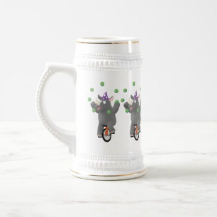 Funny cute rhino juggling on unicycle beer stein