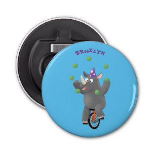 Funny cute rhino juggling on unicycle bottle opener