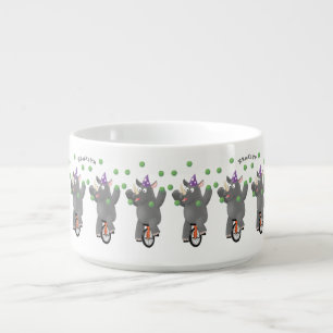 Funny cute rhino juggling on unicycle bowl