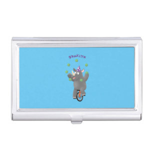 Funny cute rhino juggling on unicycle business card case