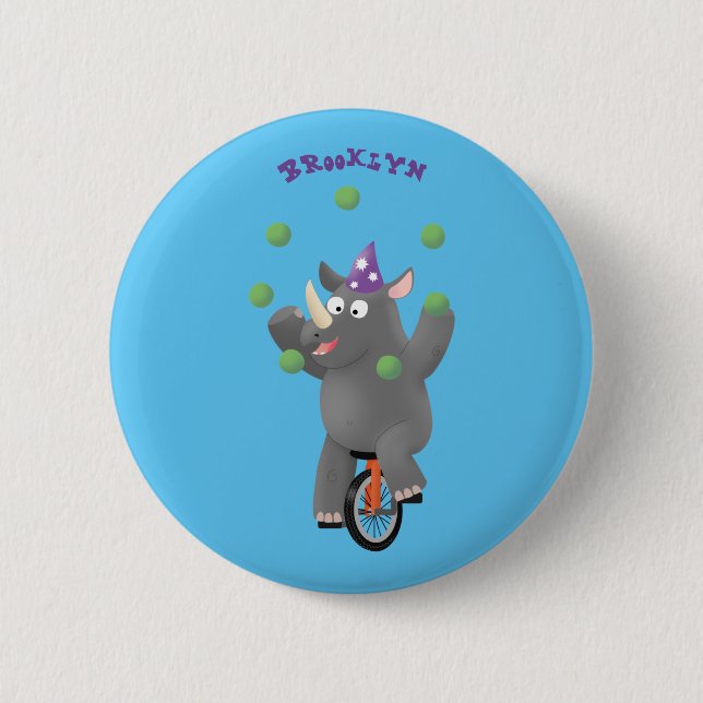 Funny cute rhino juggling on unicycle button (Front)