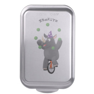 Funny cute rhino juggling on unicycle cake pan