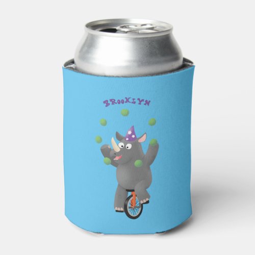 Funny cute rhino juggling on unicycle can cooler