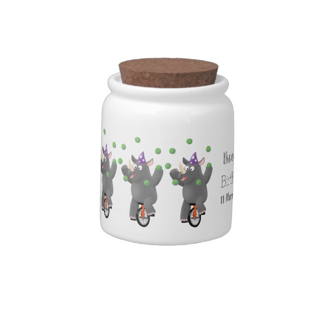 Funny cute rhino juggling on unicycle candy jar (Left)