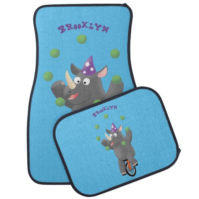 Funny cute rhino juggling on unicycle car floor mat (Set)