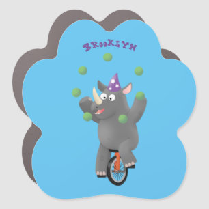 Funny cute rhino juggling on unicycle car magnet