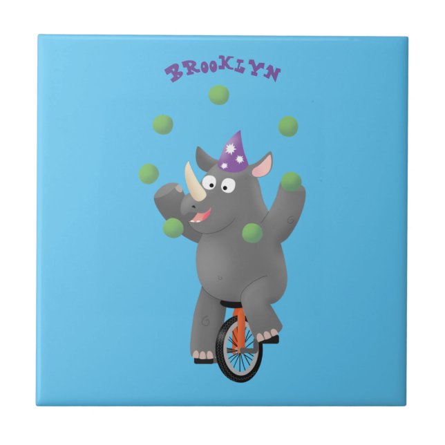 Funny cute rhino juggling on unicycle ceramic tile (Front)