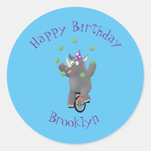 Funny cute rhino juggling on unicycle classic round sticker