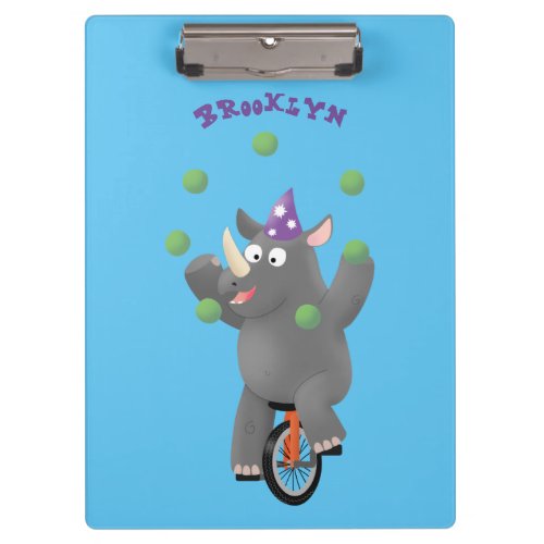 Funny cute rhino juggling on unicycle clipboard