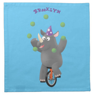 Funny cute rhino juggling on unicycle cloth napkin