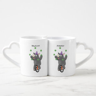 Funny cute rhino juggling on unicycle coffee mug set