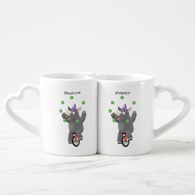 Funny cute rhino juggling on unicycle coffee mug set (Back Nesting)