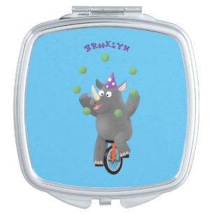 Funny cute rhino juggling on unicycle compact mirror