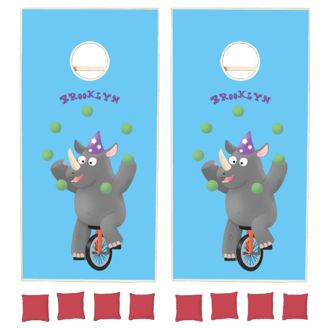 Funny cute rhino juggling on unicycle cornhole set (Set)