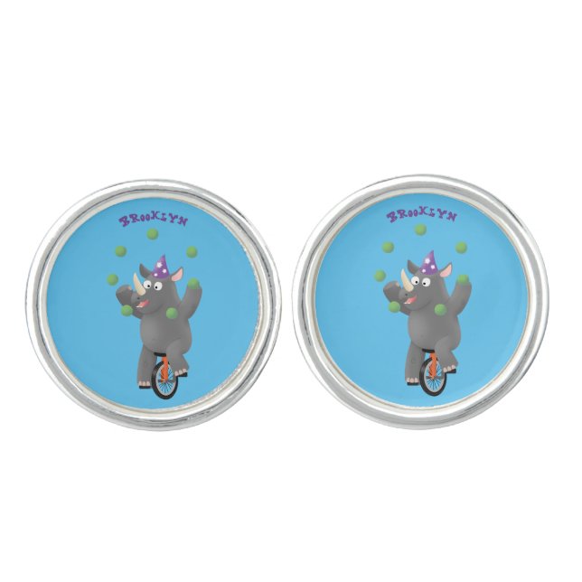 Funny cute rhino juggling on unicycle cufflinks (Front)