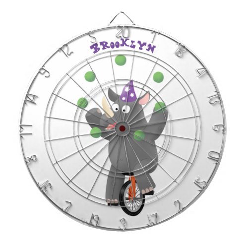 Funny cute rhino juggling on unicycle dart board