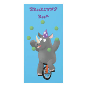Funny cute rhino juggling on unicycle door sign