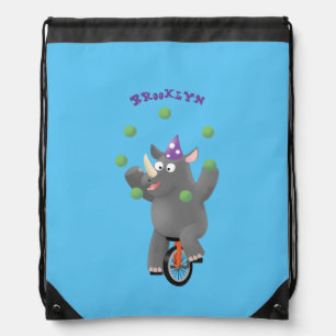 Funny cute rhino juggling on unicycle drawstring bag