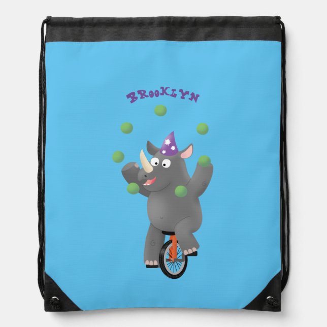 Funny cute rhino juggling on unicycle drawstring bag (Front)